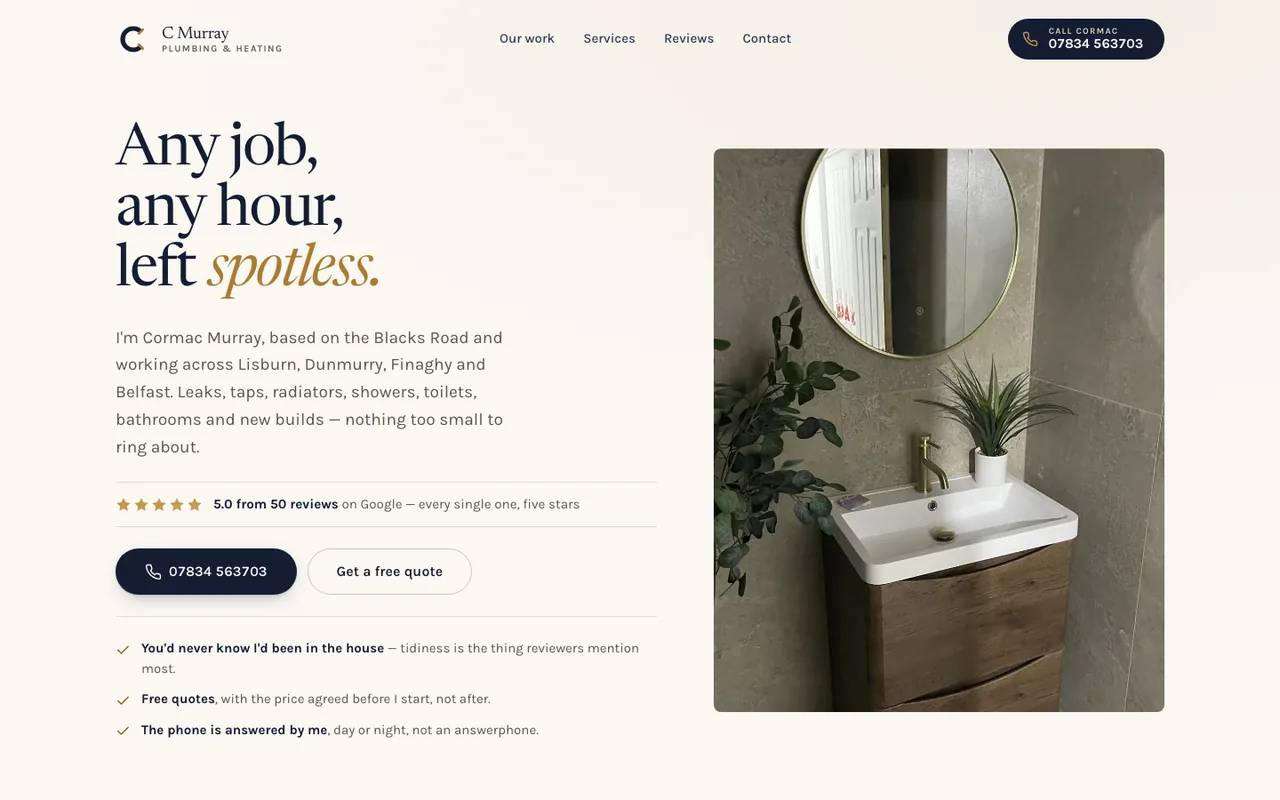 C Murray Plumbing & Heating website, warm editorial homepage
